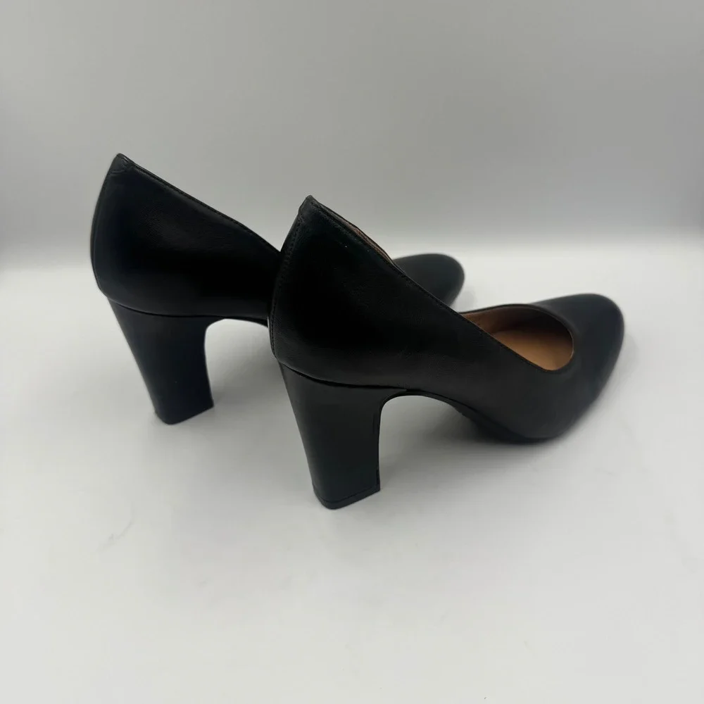 Aerosoles Octagon Black Leather Block Heel Pumps Womens 8.5M Work Career Classic